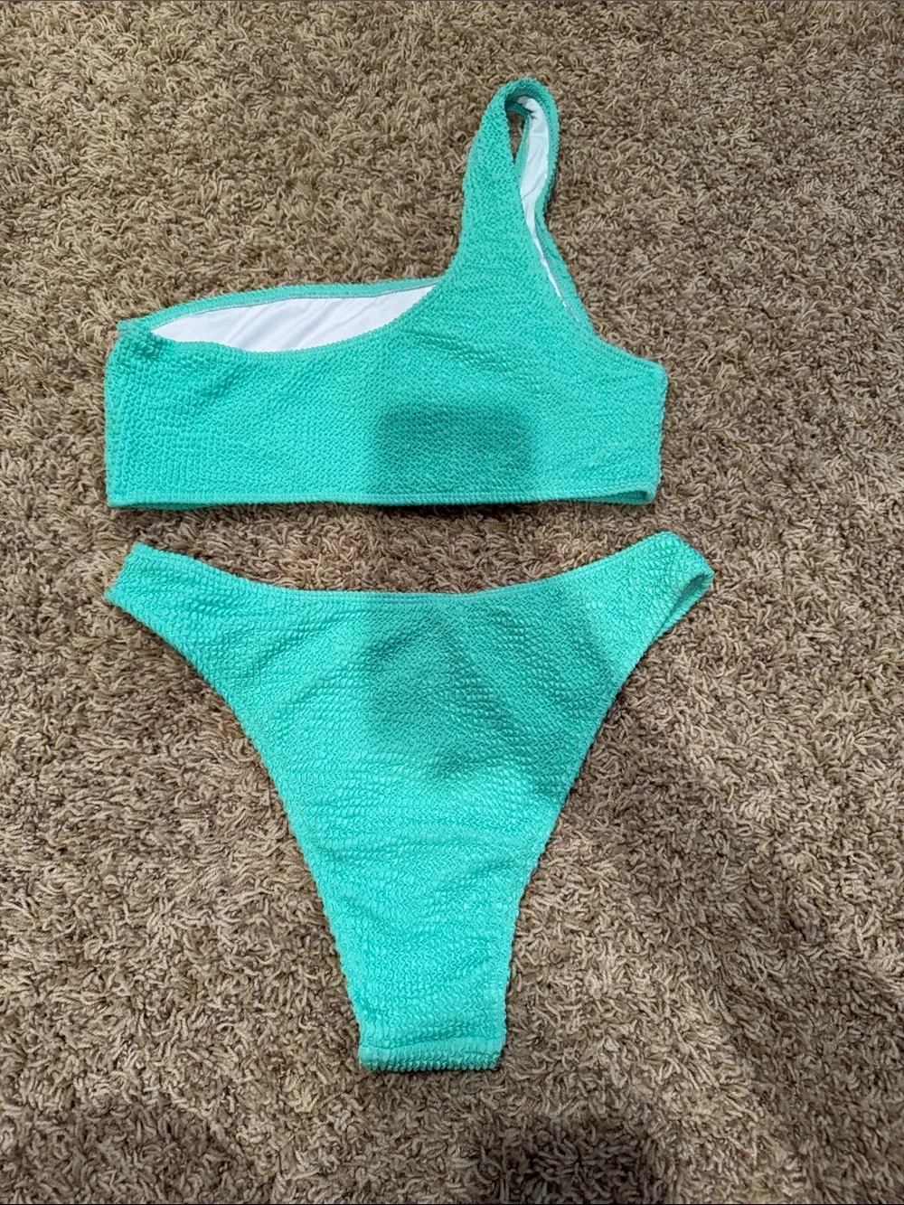 One-Shoulder Textured Green Bikini Set